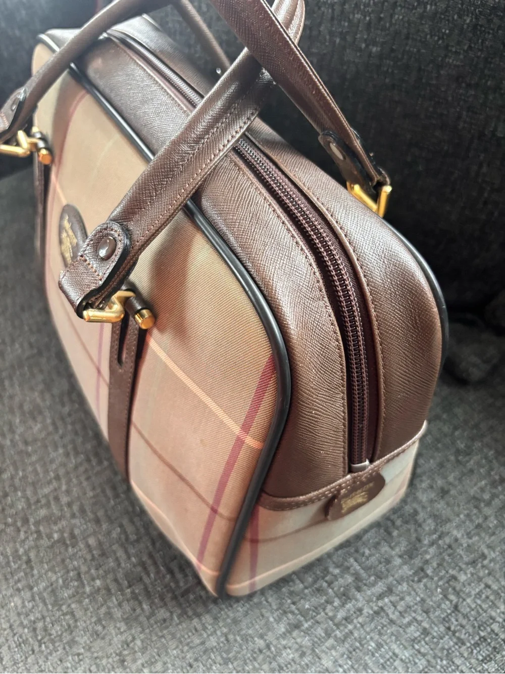 Burberry Tan Plaid Canvas handbag-with Brown Leather Trim